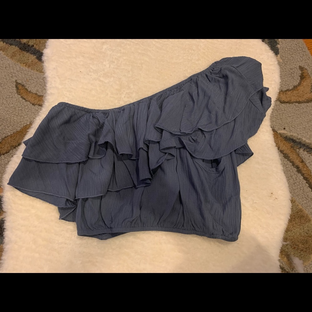Ruffled uneven off the shoulder crop top